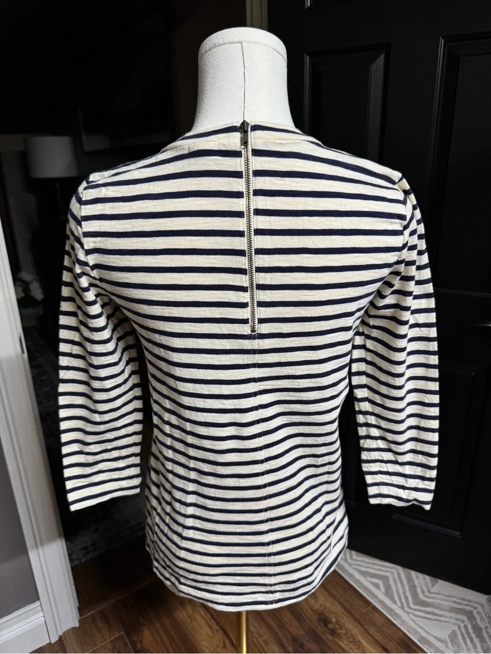 {J. Crew} Cream Navy Striped Rhinestone Statement Necklace Long Sleeve Top WSH38